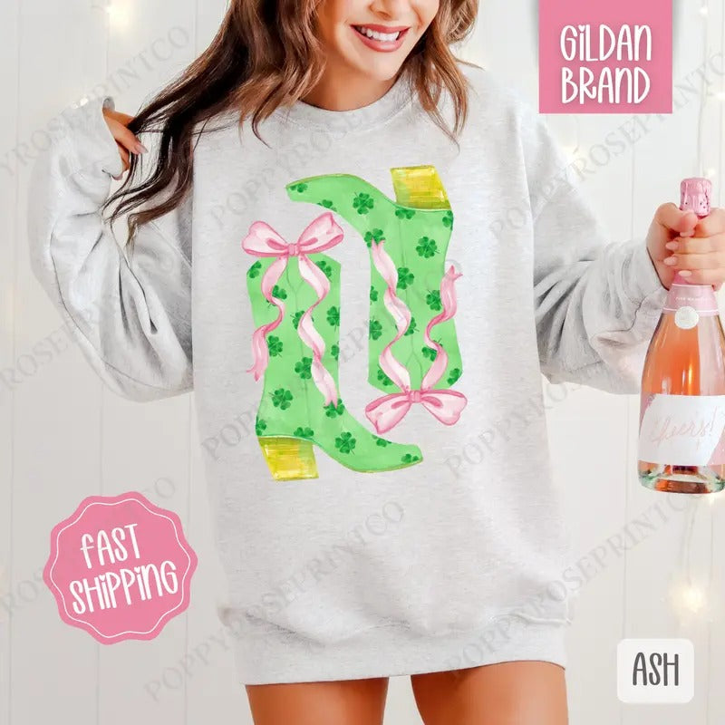 Clover Boots Sweatshirt, St Patrick's Day Crewneck, Cute Women's Sweater T-Shirts, Hoodie | HypeDripTees.com