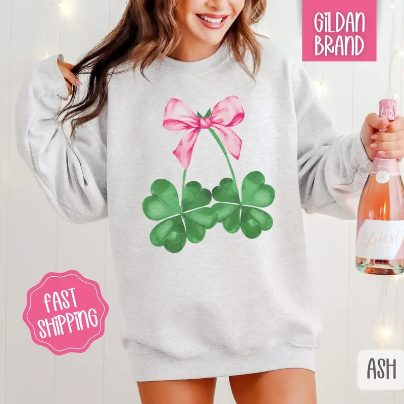 Clover Bow Sweatshirt, St Patrick's Day Crewneck, Cute Women's Sweater T-Shirts, Hoodie | HypeDripTees.com