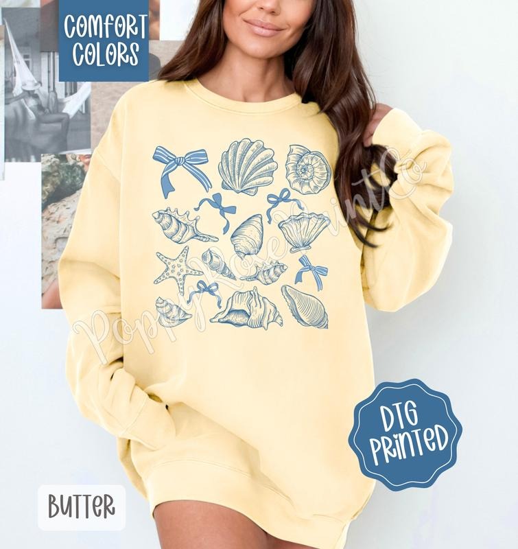 Coastal Seashells Comfort Colors Sweatshirt, Cute Summer Sweater, Girly Beach Crewneck T-Shirts, Hoodie | HypeDripTees.com