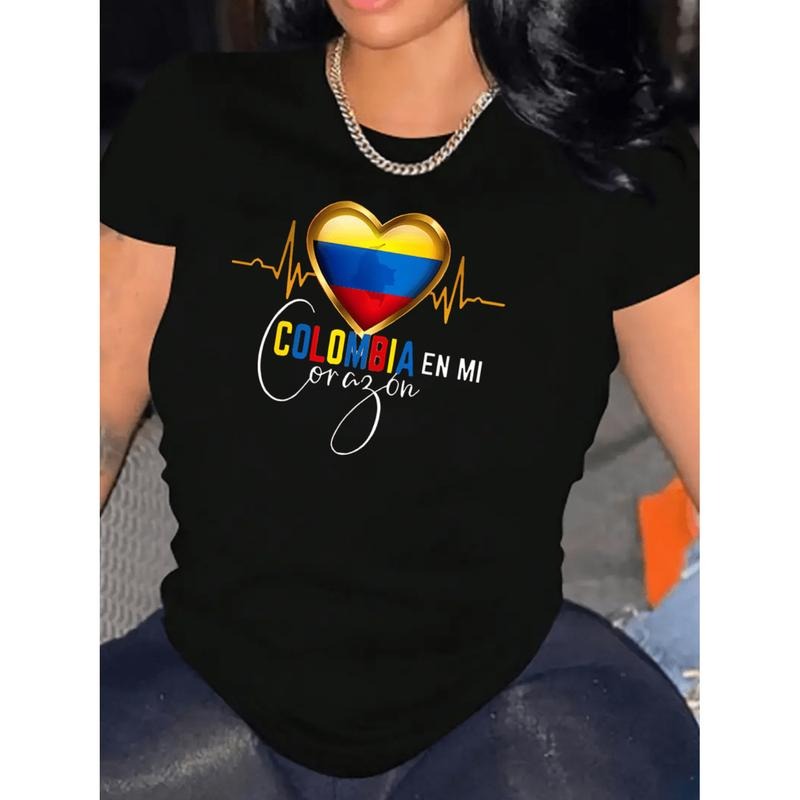 [Colombia Heart Graphic Tee] Colombia Heart Graphic T-Shirt - Women's Casual Short Sleeve Crew Neck Knit Tee
