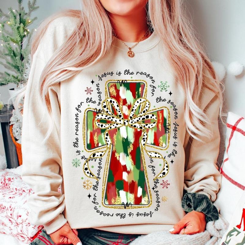 Colorful Coquette Glitter Jesus Cross Swatshirt, Jesus is the reason shirt, Bright Color Christmas Coquette Bow...