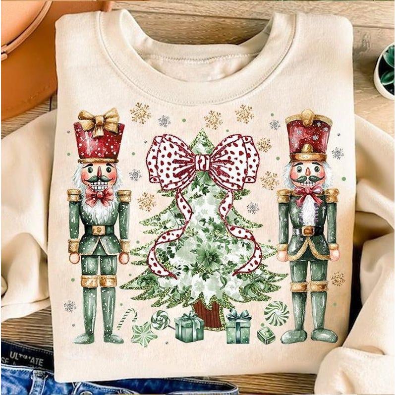 Colorful Gold Glitter Chinoiserie Christmas Tree Shirt, Coquette Green Millennial Christmas Shirt, Christmas Nutcrackers...