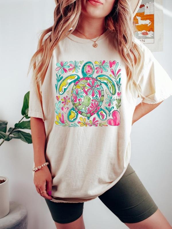 Comfort Color Boho Floral Turtle Shirt, Nautical Beach Shirt, Aesthetic Tee, Summer Beach Cute Turtle Shirt Cotton Fabric...