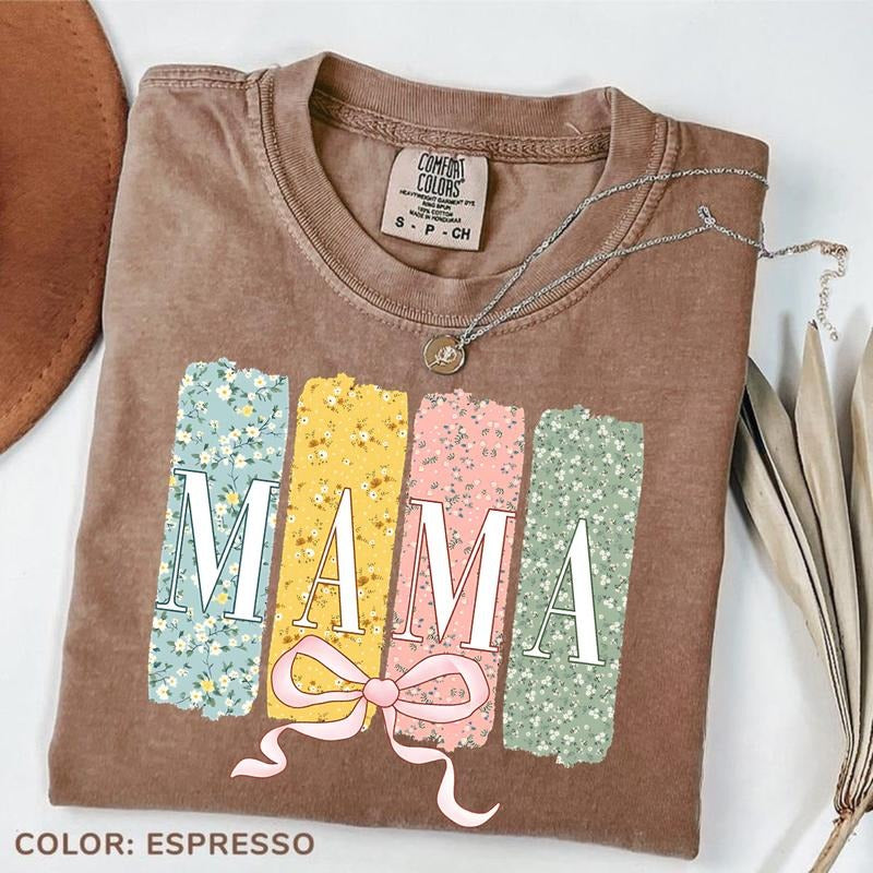 Comfort Color Floral Mama Coquette Bow T-shirt, Mothers Day Tee, Mama Varsity Shirt, Floral Spring T-shirt, Gift For Mom,...