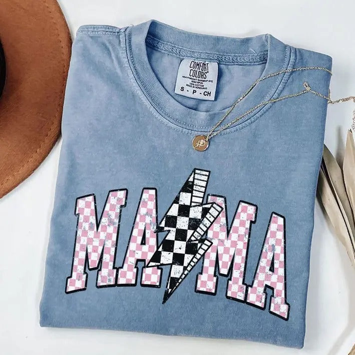 Comfort Color Lightning Bolt Mama Shirt Retro Checkered Mama T Shirt Comfort Colors Mama T-Shirt Mother's Day Presents...