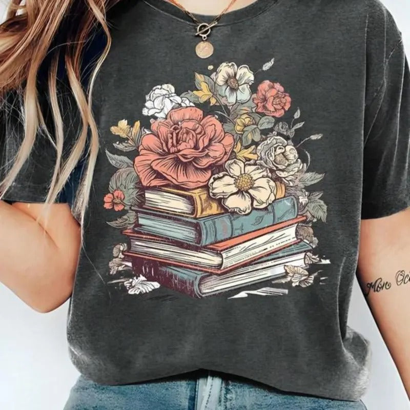 Comfort Color Women's Cartoon Floral & Books Print Round Neck Tee, Fashion Casual Short Sleeve T-shirt, Ladies Summer...