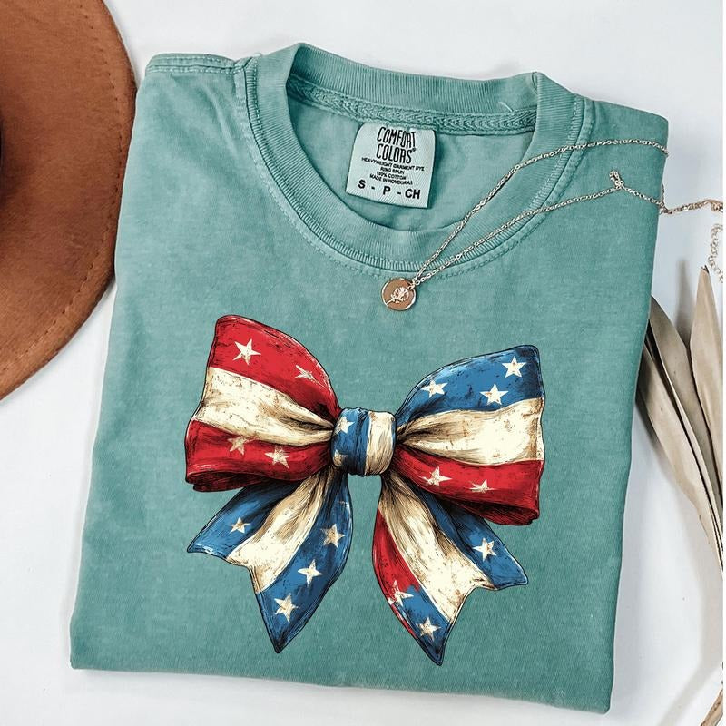 Comfort Colors 4th Of July Coquette Shirt, Memorial Day Tee, Vintage America Bow T-Shirt, Land of the Free Shirt Hoodie,...