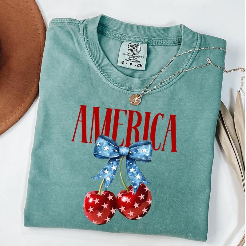 Comfort Colors America Cherries Shirt, Cherry Bow Tee, Trendy July 4th Shirt, 4th of july Woman T-Shirt, Usa Flag Tshirt...