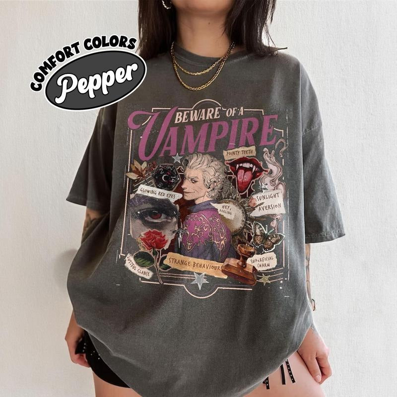 Comfort Colors Beware Of A Vampire T-Shirt, Funny Astarion Game Fan T-Shirt, Astarion Dark Humor BG3 Apparel, High Elf...