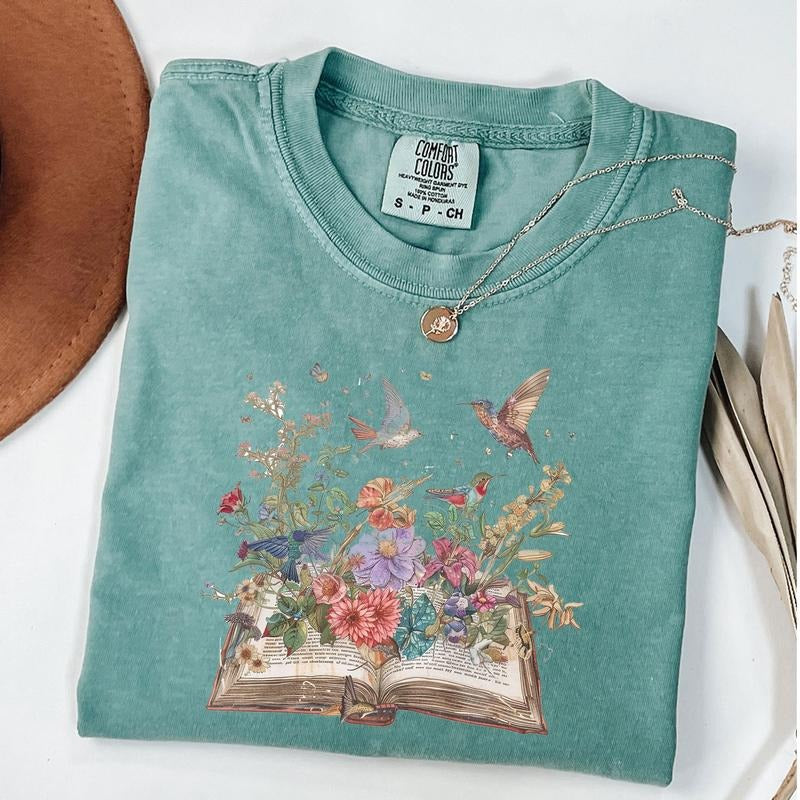 Comfort Colors Bird and Flower Shirt, Vintage Floral Tee, Botanical T-Shirt, Aesthetic Graphic Shirt, Gift for Bookworm...