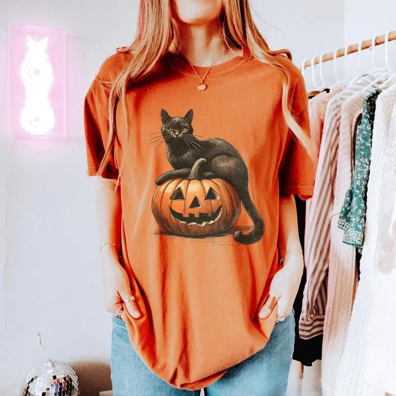 Comfort Colors Black Cat on Pumpkin Shirt, Black Cat t-shirt, Halloween Black Cat Shirt, Fall Shirt, Vintage 90s, Cat...