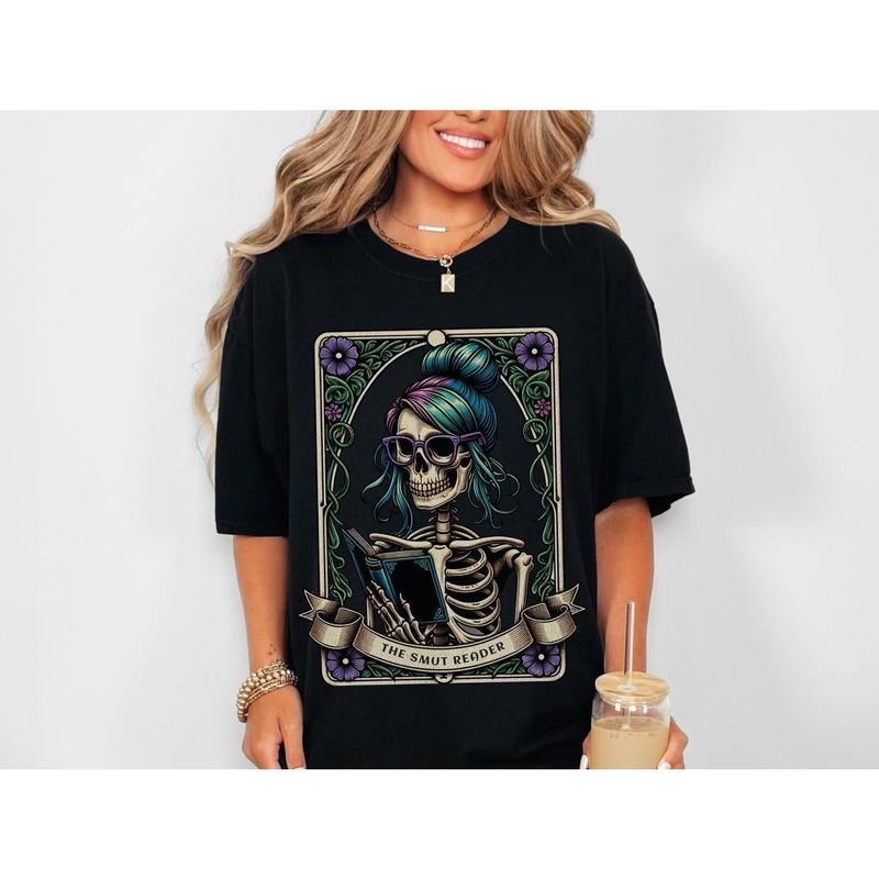 Comfort Colors Book Lover Shirt, Funny Smut Reader T-Shirt, Skeleton Reading Tarot Tee, Spicy Romance Book TShirt, Mystic...