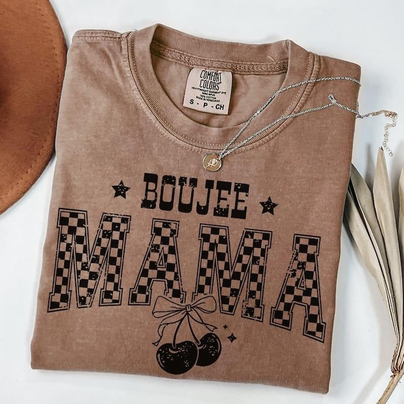 Comfort Colors Boujee Mama T-Shirt, Trendy Mom Shirt, Fashionable Graphic Tee, Checkered Letter Design, Gift for Mom,...