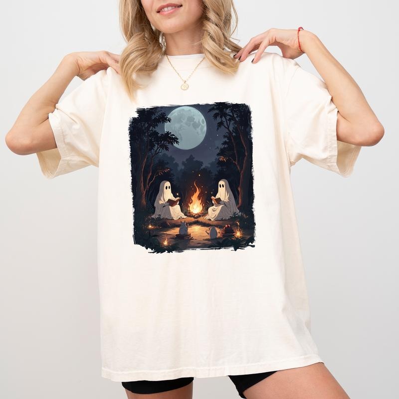 Comfort Colors Camping Halloween Ghost Reading Book Shirt, Ghost Reading Graphic Printed Tee, Halloween Read In Peace...