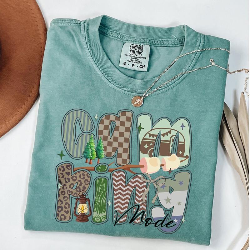 Comfort Colors Camping Mode T-Shirt, Coquette Camping Shirt, Preppy Camping Girl Tee Hoodie, Sweatshirt | HypeDripTees.com