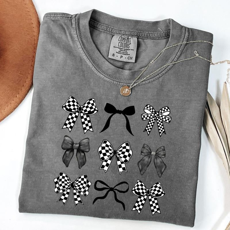 Comfort Colors Checkered Bow T-Shirt, Coquette Black Bow Tee, Retro T-Shirt Hoodie, Sweatshirt | HypeDripTees.com