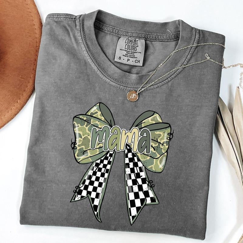 Comfort Colors Checkered Mama Shirt, Camo Coquette Bow Shirt, Mama Camo Tee, Mother's Day Gift Hoodie, Sweatshirt
