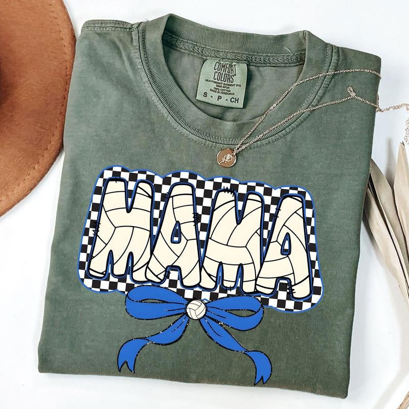 Comfort Colors Checkered Mama Volleyball Shirt, Sport Mama Bow Shirt, Gift For Volleyball Lover Mom Shirt, Mothers Day...