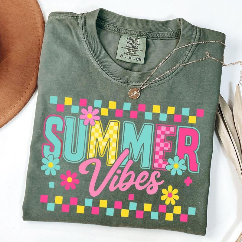Comfort Colors Checkered Summer Vibes Shirt, Retro Summer Shirt, Retro Floral Shirt, Hello Summer T-Shirt, Unisex T-Shirt...