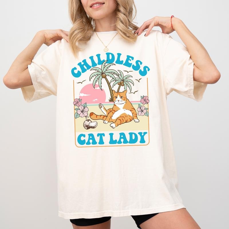 Comfort Colors Childless Cat Ladies Shirt, Funny Coconut Tree Graphic Printed Tee, Feminism Shirt for Women, Childless...