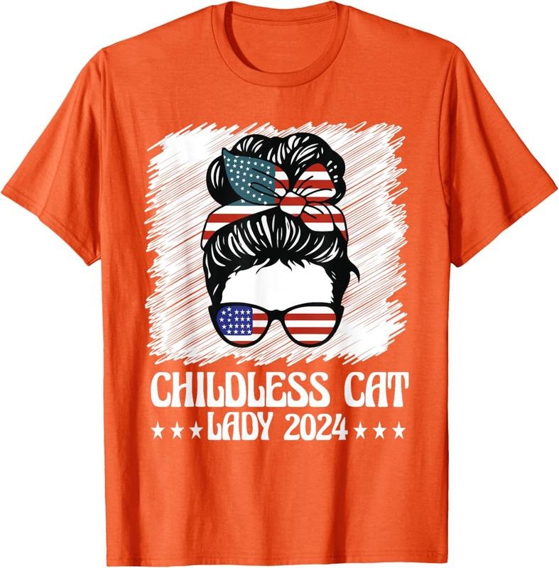 Comfort Colors Childless Cat Lady 2024 Groovy Messy Bun American Flag T-Shirt Hoodie, Sweatshirt | HypeDripTees.com