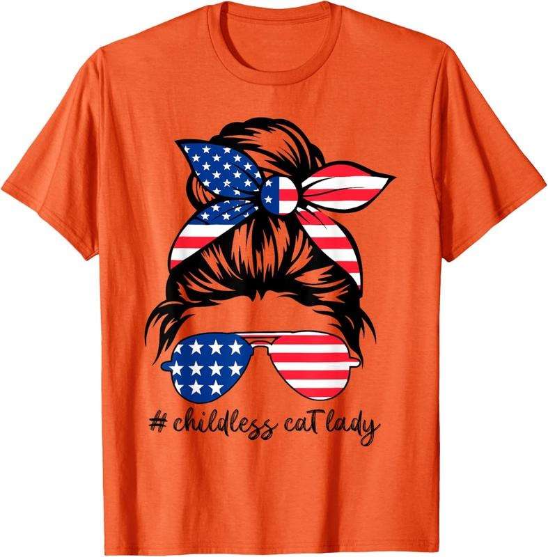 Comfort Colors Childless Cat Lady 2024 Messy Bun American Flag T-Shirt Hoodie, Sweatshirt | HypeDripTees.com