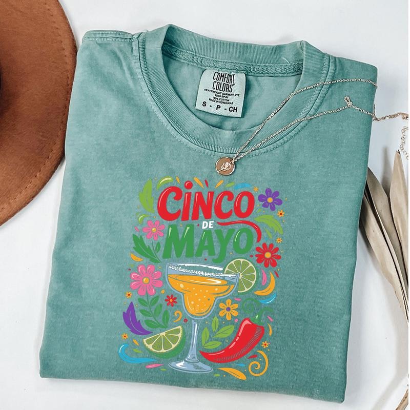 Comfort Colors Cinco de Mayo Shirt, Margarita Glass Mexican Fiesta T-Shirt, Spicy Pepper Lime Tee, Floral Party Shirt...
