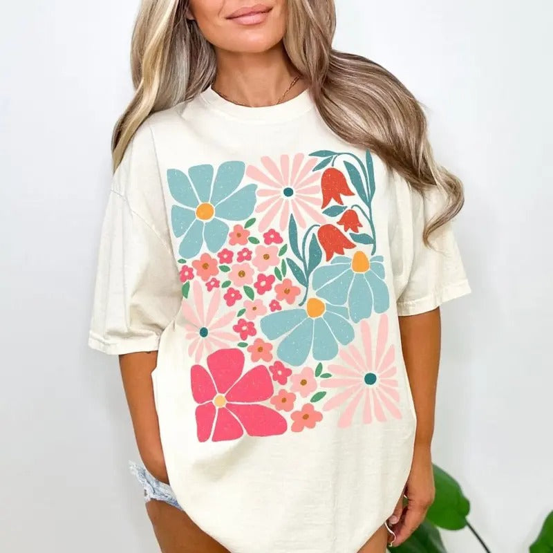 Comfort Colors Colorful Retro Flowers Tee, Groovy Floral Tee, Perfect Spring Tee, Colorful Summer Tee, Flowers Shirt,...