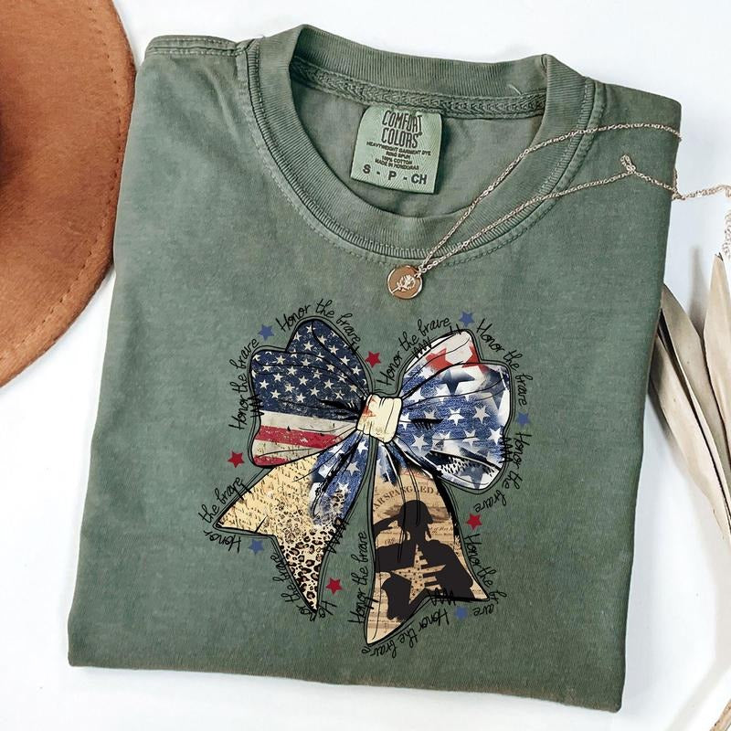 Comfort Colors Coquette American Shirt, Honor The Brave Shirt, Memorial Coquette Bow T-Shirt, 4th of July T-Shirt,...