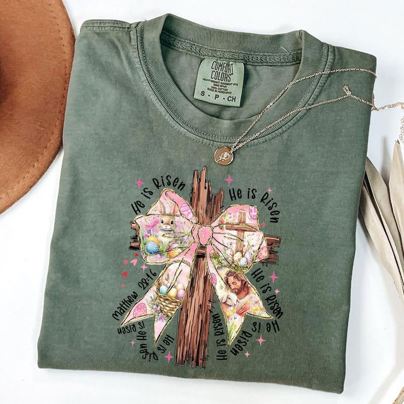 Comfort Colors Coquette Bow Easter Cross T-Shirt, He is Risen Easter Jesus Shirt, Easter Bible Verse Shirt Hoodie, Sweatshirt
