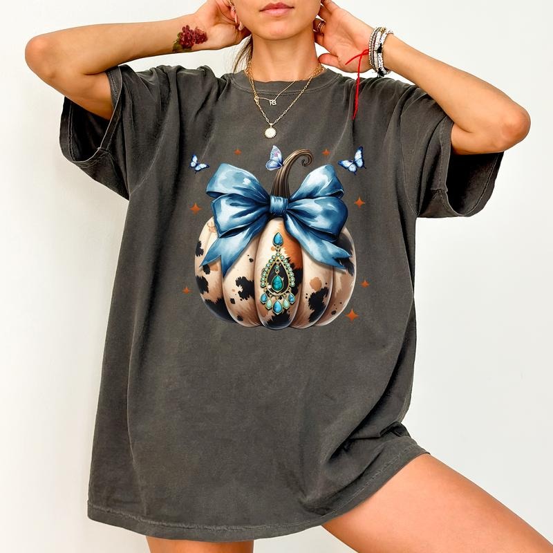 Comfort Colors Coquette Bow Leopard Pumpkin Shirt, Blue Bow Pumpkin Tee For Girls, Girly Fall Pumpkin Tshirt, Gothic...