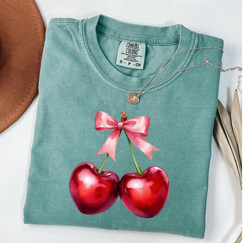 Comfort Colors Coquette Cherry Bow Shirt, Aesthetic Cherry Shirt, Soft Girl Era T-Shirt, Cherry Coquette Tee, Girly Gift...
