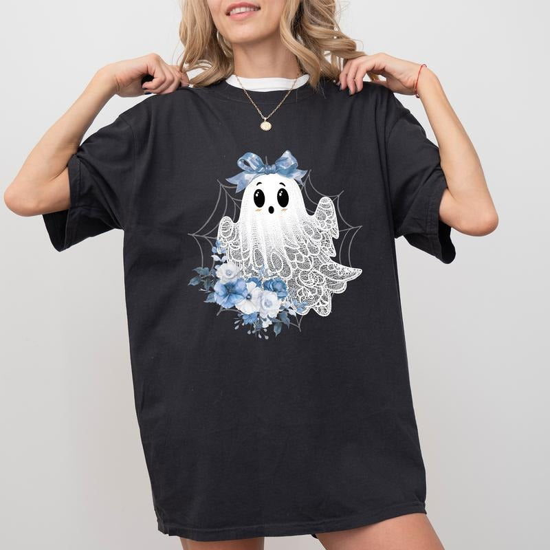Comfort Colors Coquette Halloween Lace Ghost Shirt, Coquette Spooky Season Graphic Printed Tee, Retro Blue Floral Ghost...