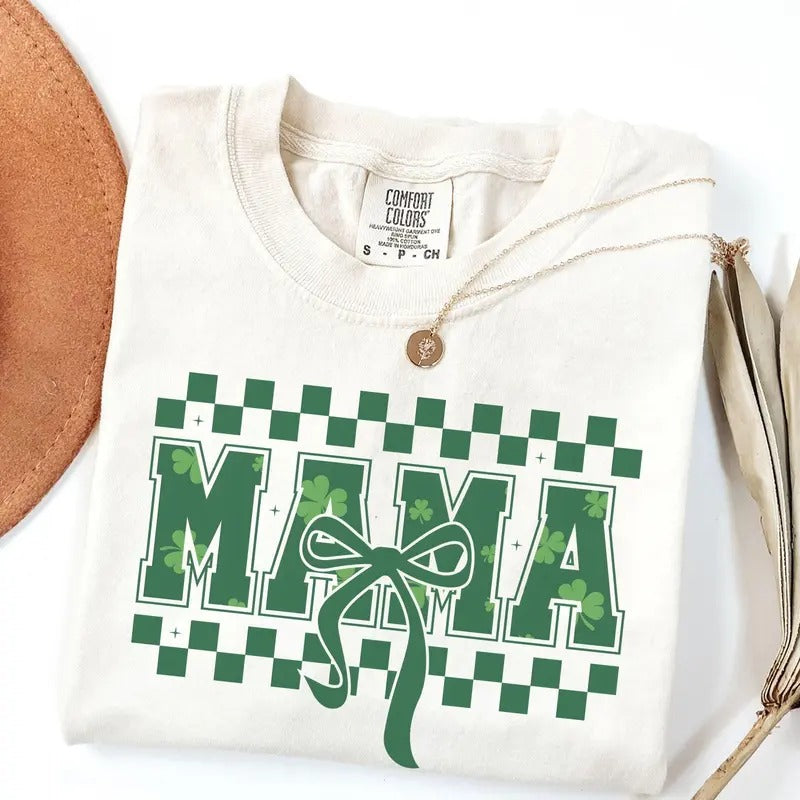 Comfort Colors Coquette Mama St Patrick's Day T-shirt, Retro Checkered St Patricks Shirt, Cottagecore Green Bow Tee...
