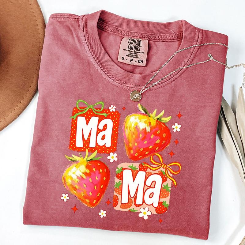 Comfort Colors Coquette Mama Strawberry Brushstroke Shirt, Cute Strawberry Floral Mama Glitter Shirt, Mother's Day Gift,...