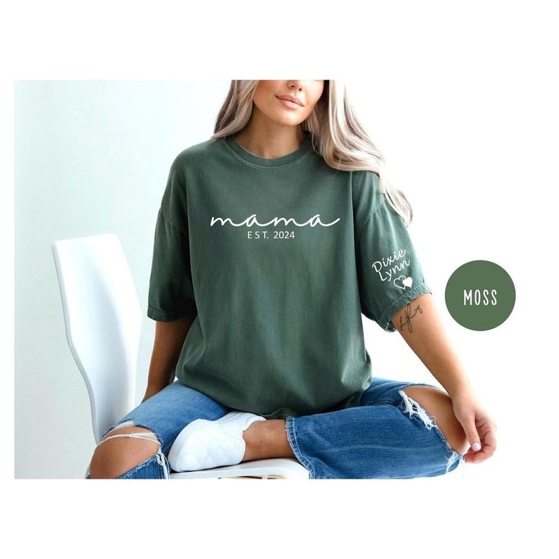 Comfort Colors Custom Mama Shirt with Kid Name on Sleeve,Personalized Mom Shirt,New Mom Gift,Gift for mom,Mothers...