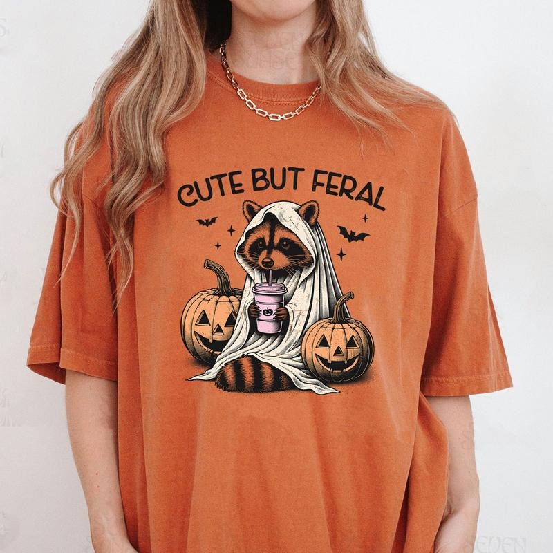 Comfort Colors Cute But Ferel Halloween Shirt, Halloween Raccoon Shirt, Raccoon Ghost T-Shirt, Funny Raccoon Shirt...