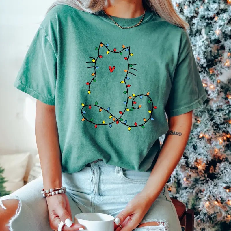 Comfort Colors Cute Cat Christmas Shirt, Christmas Cat Graphic Tee, Cat Mom Holiday Gift, Funny Christmas Shirt Hoodie,...