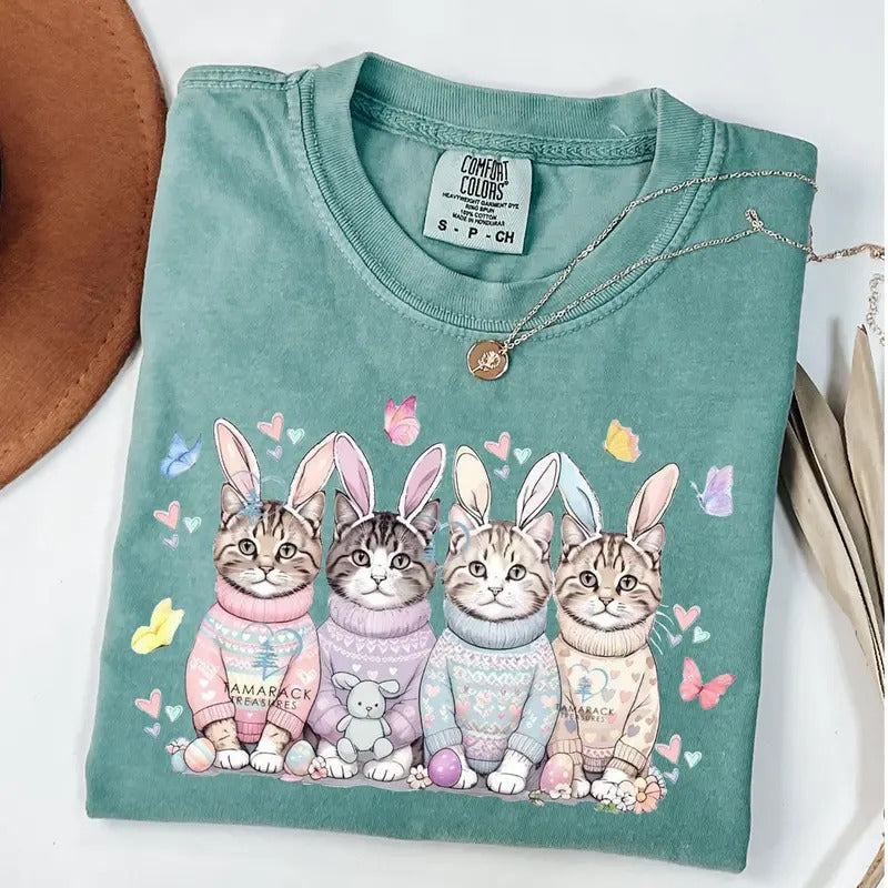Comfort Colors Cute Easter Cat T-Shirt, Bunny Cat Lover Shirt, Cat Easter Day Shirt Hoodie, Sweatshirt | HypeDripTees.com