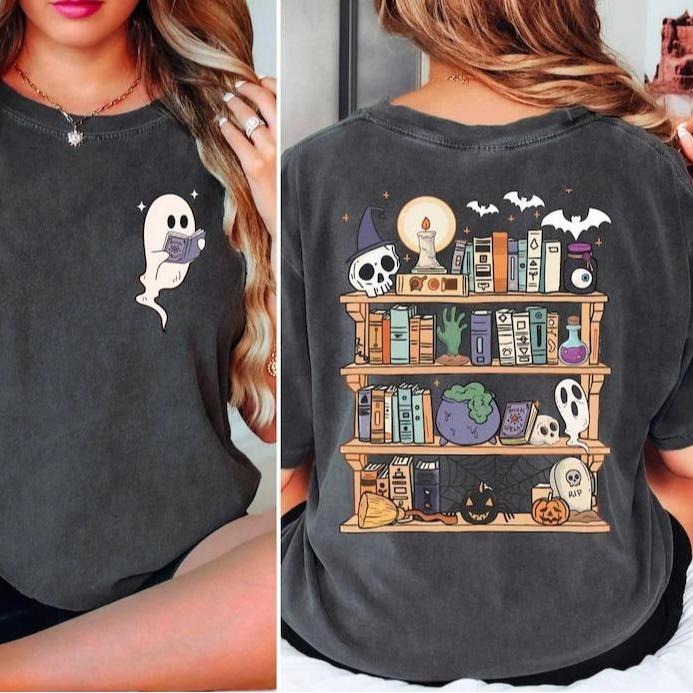 Comfort Colors Cute Ghost Reading Book Halloween Tshirt 2- Sides, Ghost Reading Book Girly Shirt, Ghost Girly Halloween...