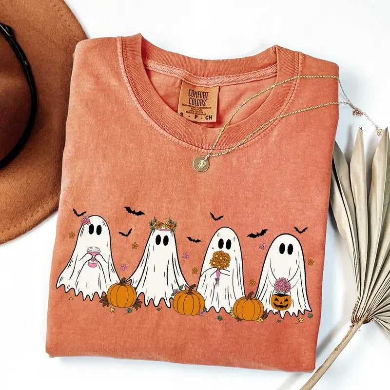 Comfort Colors Cute Ghost Shirt, Floral Ghost Shirt, Halloween Ghost Shirt, Spooky Season, Womens Halloween Shirt,...