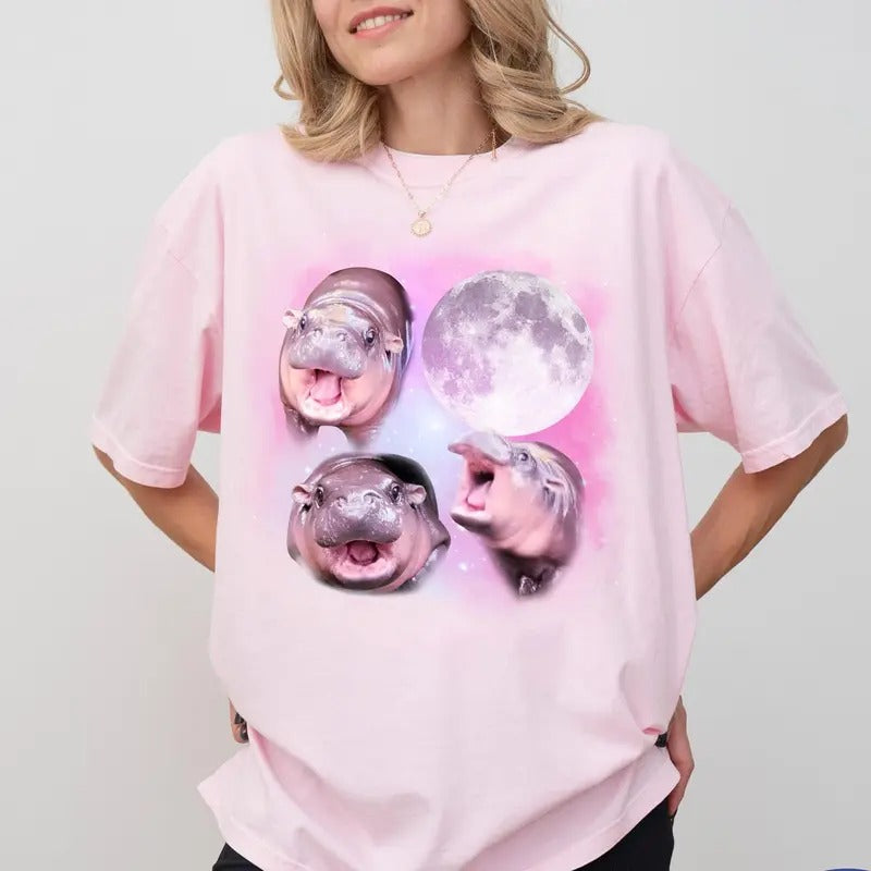 Comfort Colors Cute Moo Deng With The Moon Tee, Baby Hippo Moo Deng Shirt, Bouncy Pig in Thai, Hippo Lover, Galaxy Moo...