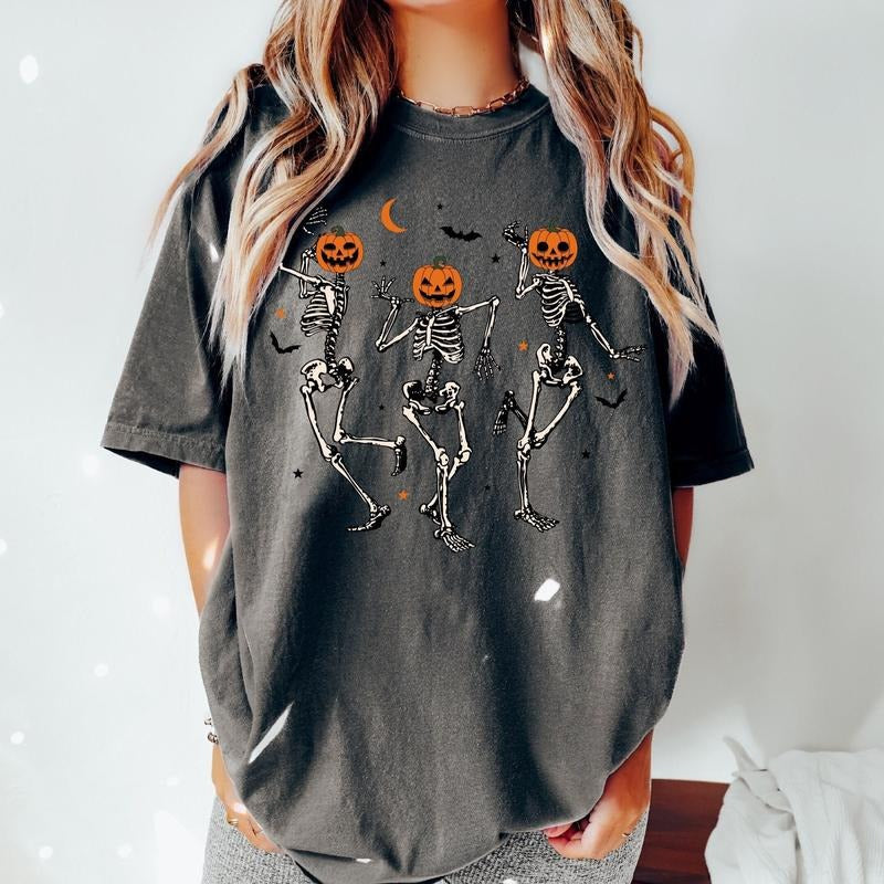 Comfort Colors Dancing Skeleton Pumpkin Shirt, Retro Halloween Shirt, Womens Halloween Shirt, Cute Fall Shirt, Spooky...