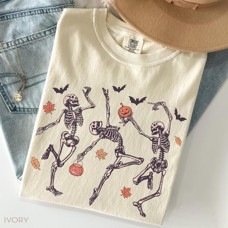 Comfort Colors Dancing Skeleton Shirt, Halloween Shirt, Pumpkin Shirt, Retro Halloween Shirt Hoodie, Sweatshirt