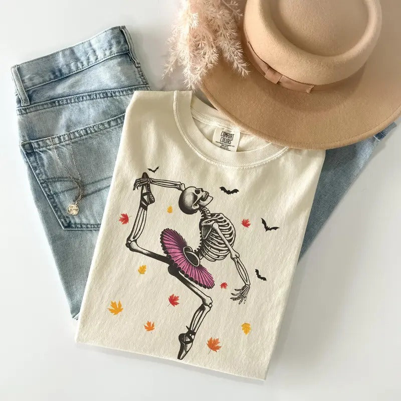 Comfort Colors Dancing Skeleton Shirt, Halloween T-Shirt, Fall Tee, Pumpkin Shirt, Retro Halloween Shirt, Ballet...