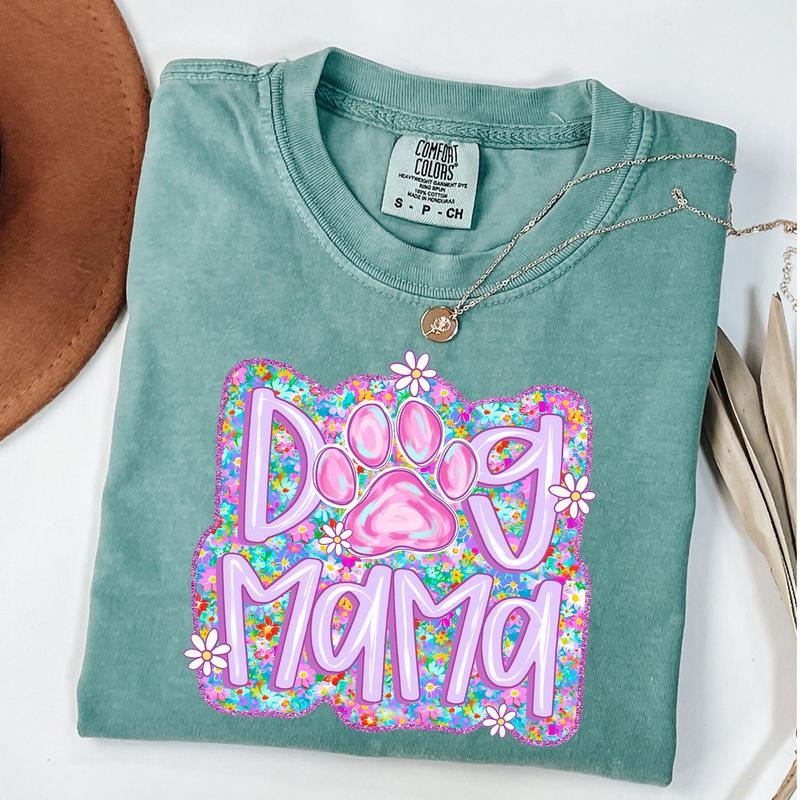 Comfort Colors Dog Mama Shirt for Women, Dog Mama Daisy T-Shirt, Floral Dog Mom Shirt, Paw Print Mom Shirt, Unisex...
