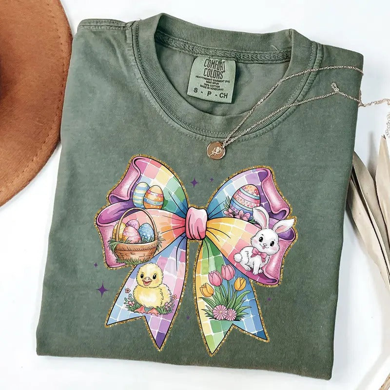 Comfort Colors Easter Bow T- Shirt, Cute Bunny Chick and Egg Shirt, Coquette Bow Easter Shirt Hoodie, Sweatshirt