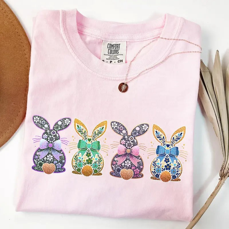 Comfort Colors Easter Bunny Shirt Coquette Easter Floral Shirt for Easter Gift Egg Cute Bunny Glitter T-Shirt for Easter...