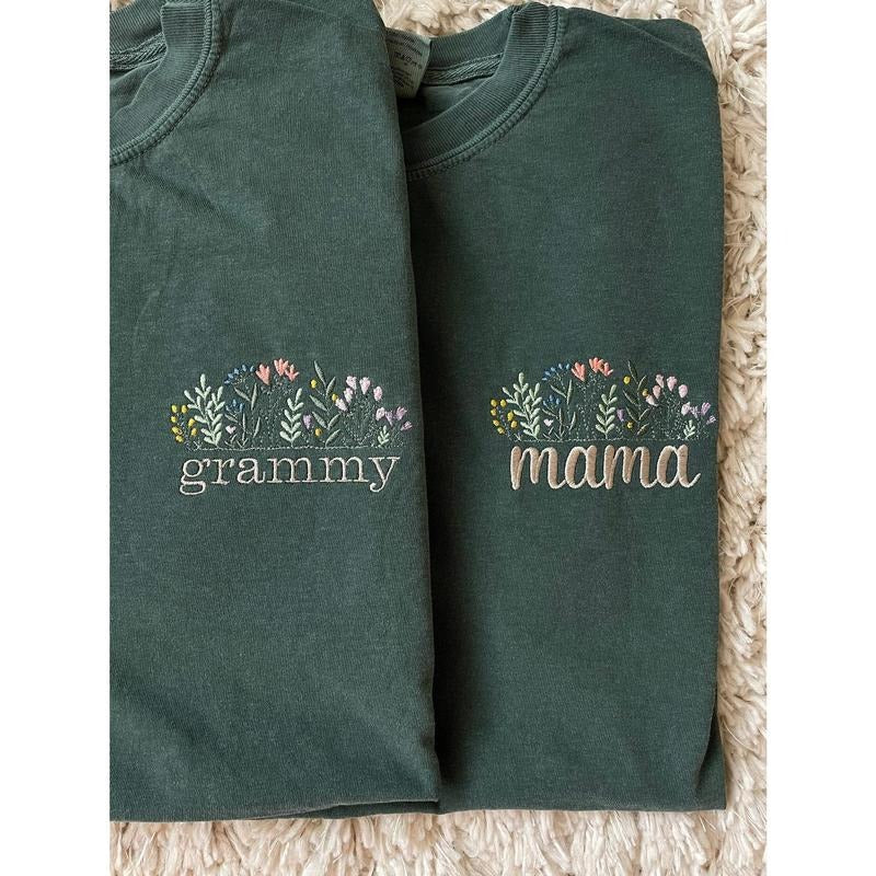 Floral Mama Embroidered Adult T-Shirt // Mama Shirt // Grandma Shirt // Comfort Colors Embroidered Shirt Hoodie, Sweatshirt