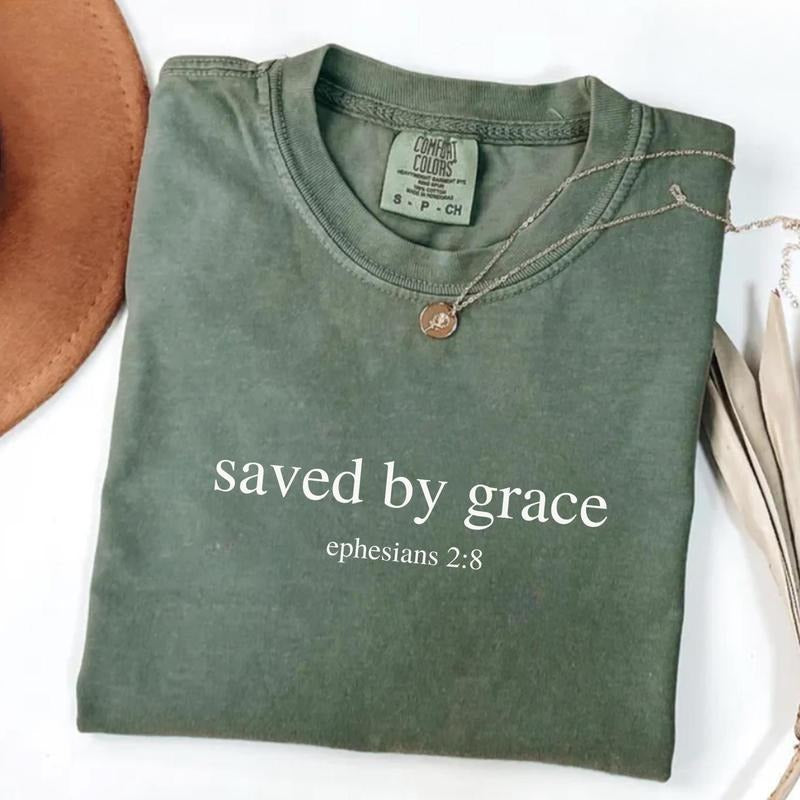 Comfort Colors Ephesians 2:8 Saved By Grace T-Shirt, Christian Shirt for Women, Bible Verse Apparel, Religious Scripture...